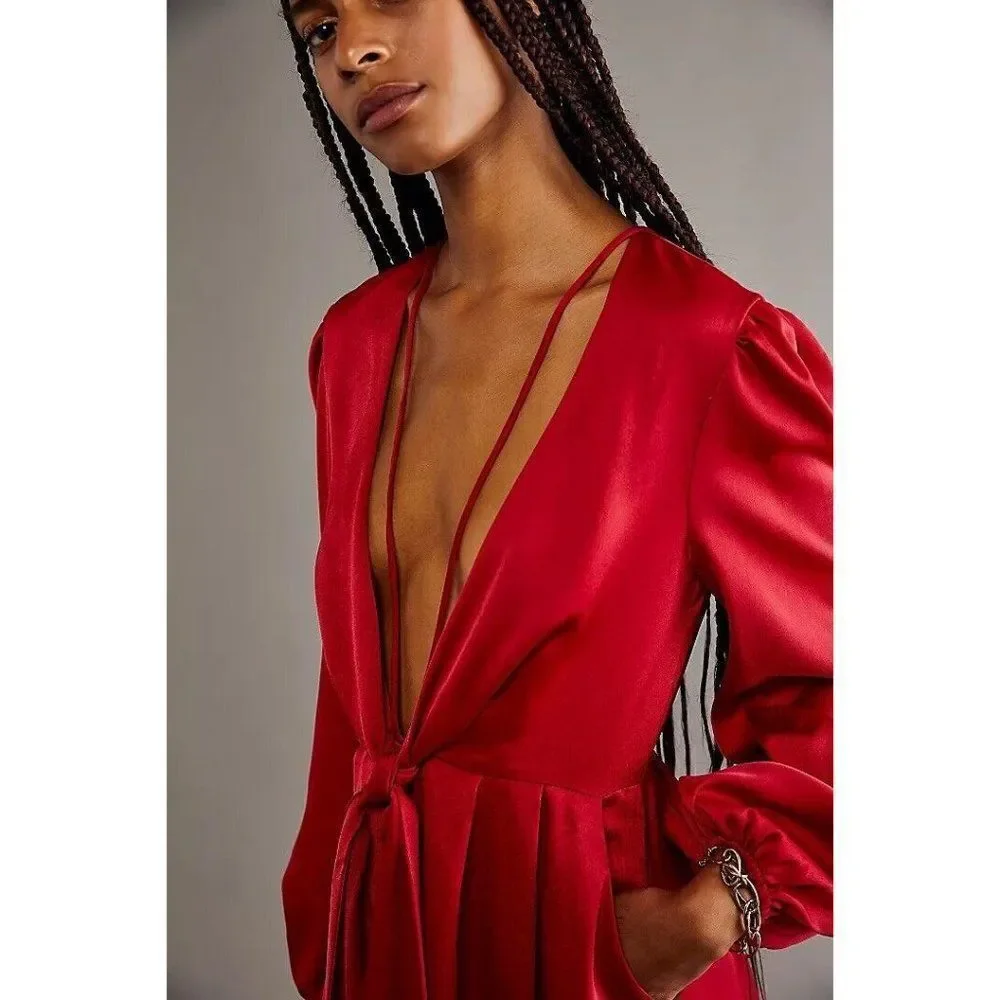 NWT FREE PEOPLE X BOSKEMPER  Sz M LUNA ROMPER ONE  PIECE PLUNGING JUMPER RED